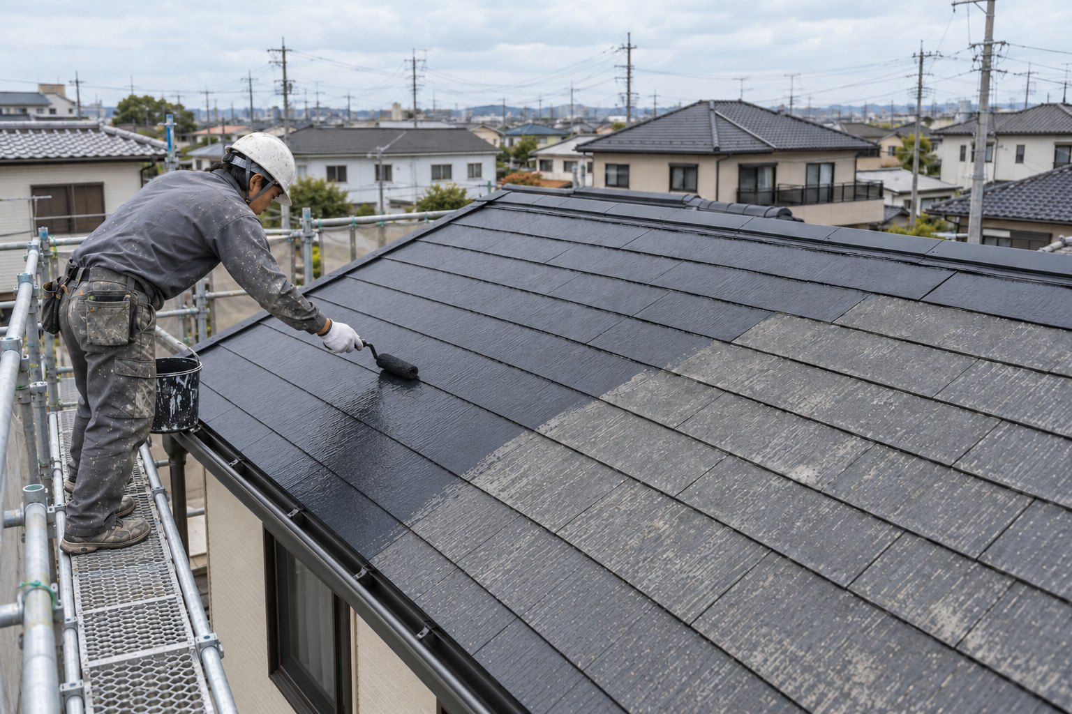 日本の住宅のスレート屋根を塗装する作業イメージ